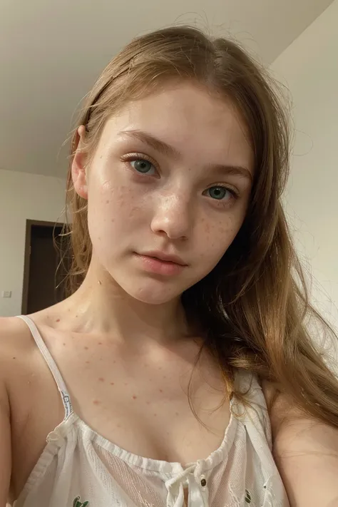 hyperrealistic, 15 year old girl, Russian, blonde, green eyes, transparent white skin, freckles on cheeks, small lips, round nose, thin face, realistic, funny phone selfie, lamiendo una banana