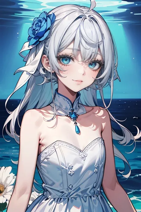 Perspectives, cute smiling, Whole body diagram, white dresid, Separate collar，bshoulder, face flushed，(Comb gray hair)， whitegloves ，Two-tone strapless sleeveless white dress，There  a white flower on the head，flowers bloom in the sea，、((change，blue colored...