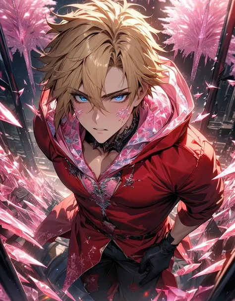 absurdres, highres, ultra detailed, HDR, masterpiece, extremely detailed face and eyes, beautiful eyes, Vash Stampede, blond hair, expressive blue eyes, Trigun, solo, sexy man, handsome, red jacket with a hood, black gloves, patterns, pink ice trees, pink ...