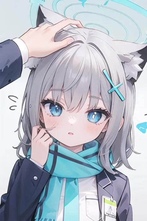 1girl, headpat, flying sweatdrops, 
shiroko_bluearchive,beast ears