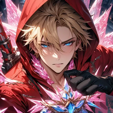 absurdres, highres, ultra detailed, HDR, masterpiece, extremely detailed face and eyes, beautiful eyes, Vash Stampede, blond hair, expressive blue eyes, Trigun, solo, sexy man, handsome, red jacket with a hood, black gloves, patterns, pink ice trees, pink ...