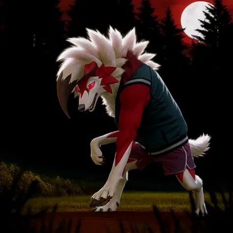 (artwork), photo of a real life, detailed eyes, midnightlycanroc, feral, pokemon, fur, tuft, red eyes, full body, red moon, volu...