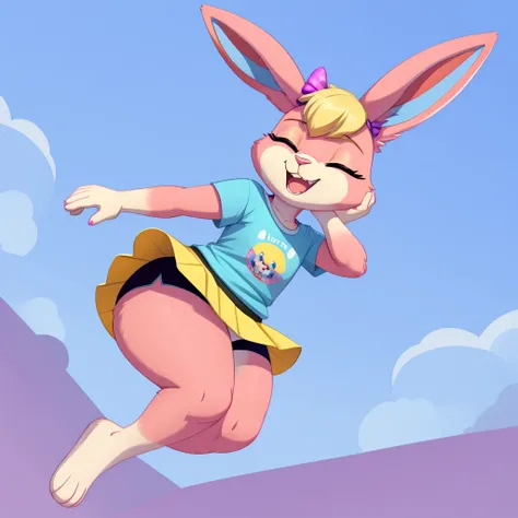 Babs bunny, concept art solo, cute, cub, Babs, bunny, girl, eyes closed, Pink eyelids, rabbit teeth, pink nose, pink body, pink head, pink ears, pink legs, white cheeks, white feet, white tail, ears drooping, lop-eared, black shorts, thick thighs, yellow T...