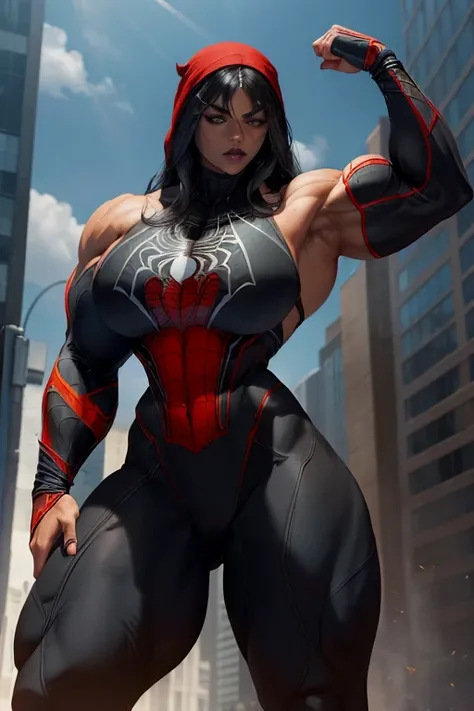 ((((Massive, beautiful, buff, light brown skinned, muscular woman with black hair, black lipstick, massive muscles and wearing an all black Spider-man suit with pants)))), vascular body, massive muscle, massive biceps, hyper muscle triceps, (straight long ...