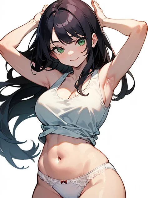 (masterpiece), best quality, expressive eyes, perfect face, 1 young woman, (((((solo))))), long hair, (((black hair))), (((green eyes))), ((showing belly belly))), (((neckline))), (((one of the arms raised))), (((fixing the hair))), (((mischievous smile)))...