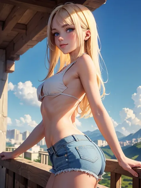 (masterpiece, best quality:1.4), (8K), Young blonde beauty, (((18 years old, neat girl))), detailed blue eyes, long eyelashes, blush, kind smile, upper body, topless small breasts, denim short shorts, small ass, slender thin legs, (from side), (looking at ...