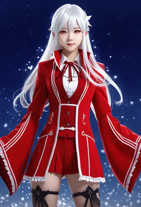 A young woman who uses white hair magic anime style magic red clothes with white details 2d