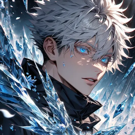 absurdres, highres, ultra detailed, HDR, master piece, best quality, extremely detailed face and eyes, perfect face, beautiful eyes, Gojo Satoru, white hair with bangs, hair between the eyes, expressive blue eyes, white eyelashes, Jujutsu Kaisen, solo, sex...