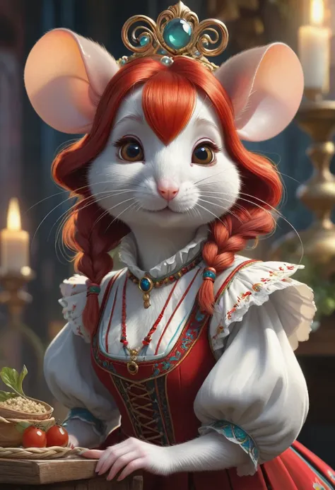 Gorgeous Humanoid Fantasy Creature That Looks Like A Mouse. Red Hair. In A Traditional Norwegian Bunad Dress.Fun, Delight, Enchantment, Whimsy. Cute. Graceful. Elegant. Ae Inspiring. Official Art, Award Winning Digital Painting, Digital Illustration, Extre...