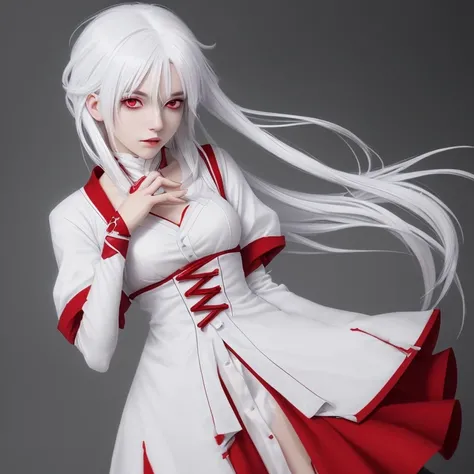 A young woman who uses magic, white hair, anime style, and red clothes with white details 