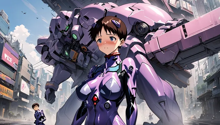 Evangelion plugsuit, male focus, ikari shinji, purple pilot suit Super big breasts breast enlargement blushing alone standing sci-fi urban illustration, full-body shot