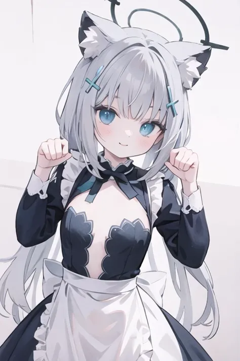 shiroko_bluearchive,beast ears,looking at viewer, little smile,white naked apron, slim, dizzy, big-chest, wide hips, perfect waist, day atmosphere, hair ornament,paw pose