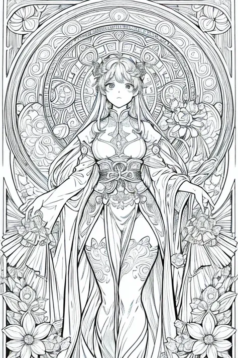 Imagine a Mucha-style coloring book for coloring books。It features a thick black outline。Bold line finish、Producing visuals that captivate the viewer。This style of rendering、Perfect for coloring books、Drawn down to the smallest detail、colorless、colorless