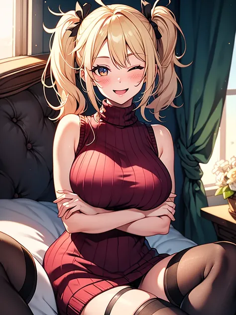 (highest quality, High resolution, perfect pixel, Depth of bounds written, 4K), bed, (cowboy shot), detailed eyes, (1 lady), tall, (slender body:1.2), large breasts, (side boob), blond hair, (side ponytail:1.2), (burgundy virgin killer sweater dress:1.2), ...