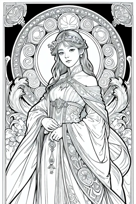 Imagine a Mucha-style coloring book for coloring books。It features a thick black outline。Bold line finish、Producing visuals that captivate the viewer。This style of rendering、Perfect for coloring books、Drawn down to the smallest detail、colorless、colorless