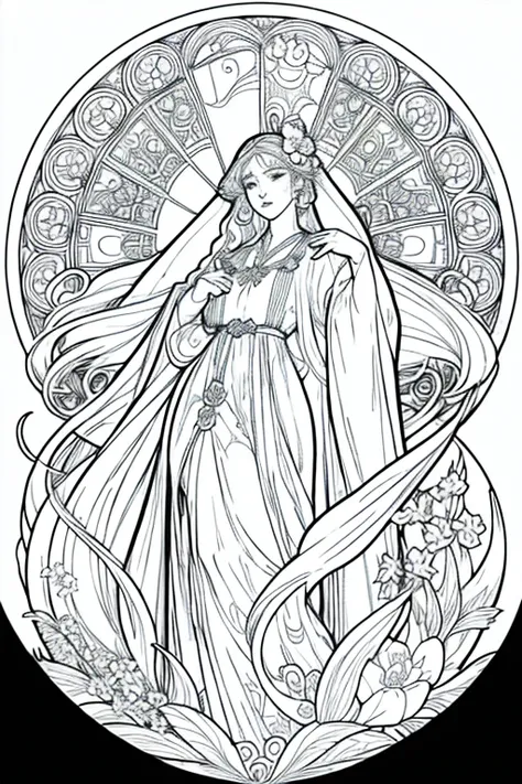 Imagine a Mucha-style coloring book for coloring books。It features a thick black outline。Bold line finish、Producing visuals that captivate the viewer。This style of rendering、Perfect for coloring books、Drawn down to the smallest detail、colorless、colorless