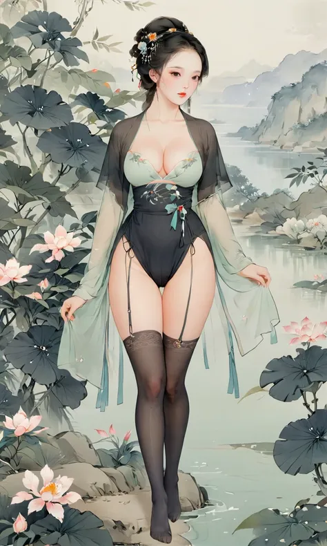 8k, masterpiece, best quality, two-dimensional, (Chinese traditional ink painting:0.2) 1girl, (perfect hands:1.4), (seethrough black pantyhose:1.4)，Wearing seethrough thin hanfu miniskirt，The black pantyhose on the legs are exposed，huge breasts, (huge ass,...