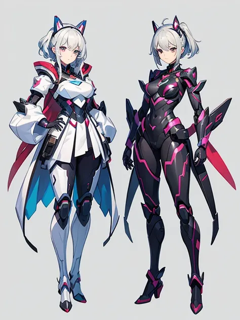 A mother transforms into a hero robot and a daughter transforms into a super robot,
 Cute and pretty,
 Full Body Shot,
 Mother and daughter combine to become one invincible female robot,
 Before after