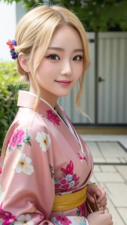 Blonde kimono beauty、Gorgeous floral patterned kimono、My cute girlfriend is a kimono model..、Brown eyes、Beautiful smile、He is short、Braiding、hair ornaments、Colorful and showy kimono、