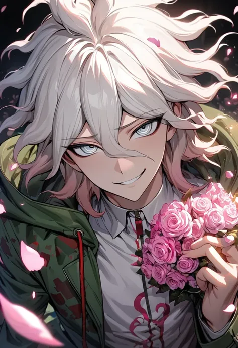 Ultra detailed, HDR, Highres, absurdres, master piece, Komaeda Nagito, expressive silver eyes, white hair, Danganronpa, green coat with patterns, white tight shirt, pink glittering butterflies, pink ice, petals, pink glass roses, sexy man, solo, extremely ...