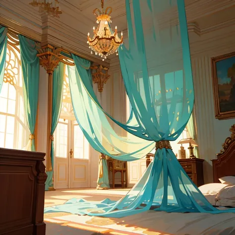 In the tranquil illustration scenery, a grand royal palace stands proudly with its massive white walls. Inside the palace, there lies a cozy wooden bed, adorned with a yellow-green carpet that adds a touch of freshness to the room. Hanging above the bed is...