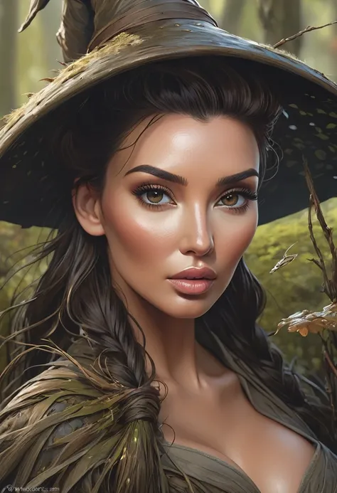 A Bog Witch. Kim Kardashian And Eleanor Tomlinson. Official Art, Award Winning Digital Painting, Digital Illustration, Extreme Detail, 4k, Ultra Hd, Rococo, Polished, Intricate, Realistic Fantasy Art, Sharp Focus, Concept Art, Art By Wlop, Artgerm, (2d Vec...