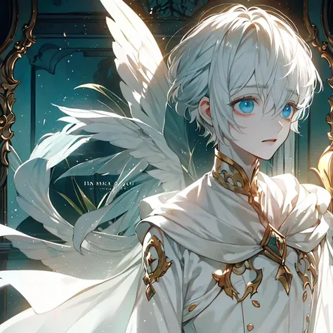 Two-dimensional characters come to life in an illustration, showcasing a beautiful boy with pale skin and big eyes that seem to be brimming with emotion. His eyes water as he gazes inside the palace, reflecting a sense of ephemeral longing. The scene is se...