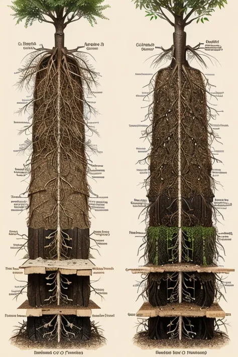 A collection of different types of roots, from fibrous roots to tuberous roots, with labels that explain their features and functions.
