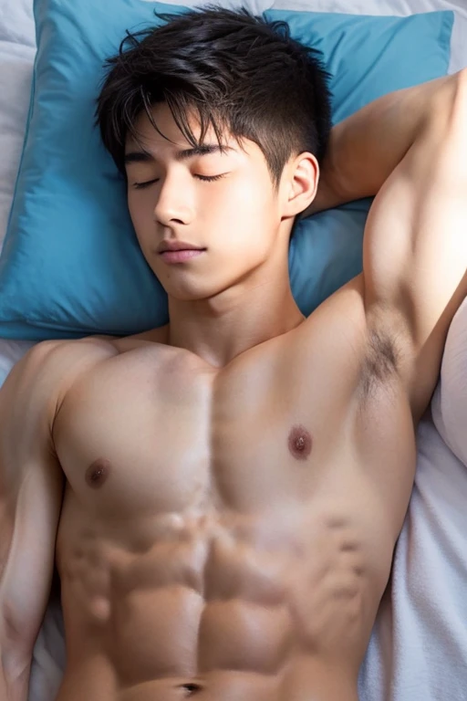 A slim, muscular, handsome Japanese high school boy sleeping with his eyes closed, with a youthful face, white skin, bare upper body, and ripped abs. He is lying on his back on the bed in the nurse&#39;s office, with his arms tied above his head.