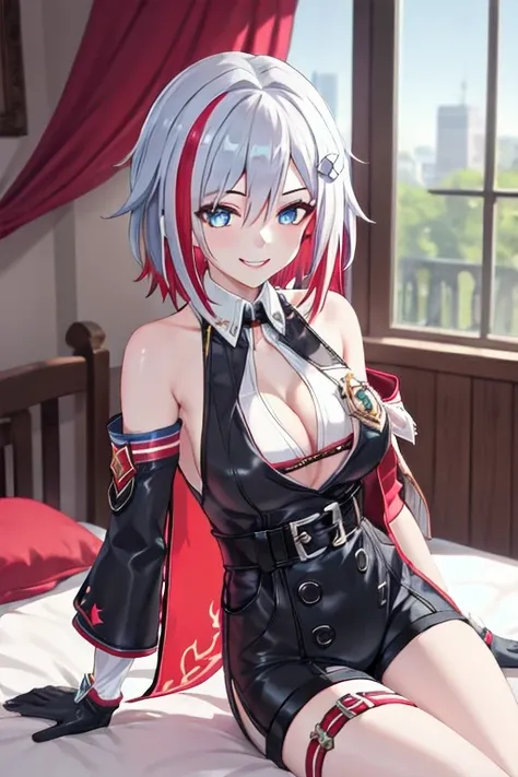 1girl, topaz (honkai: star rail), solo, black gloves, thigh strap, hair ornament, unitard, detached sleeves, badge, side cape, belt, cowboy shot, bedroom, depth of field, sitting on side of the bed, reclining, arm support,  gasping, ecstasy, seductive smil...