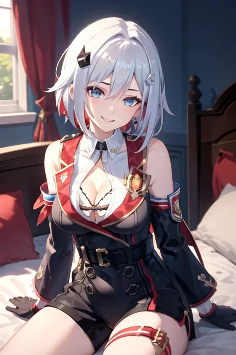 1girl, topaz (honkai: star rail), solo, black gloves, thigh strap, hair ornament, unitard, detached sleeves, badge, side cape, belt, cowboy shot, bedroom, depth of field, sitting on side of the bed, reclining, arm support,  gasping, ecstasy, seductive smil...