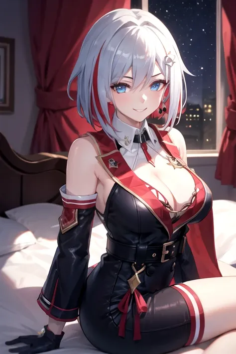 1girl, topaz (honkai: star rail), solo, black gloves, thigh strap, hair ornament, unitard, detached sleeves, badge, side cape, belt, cowboy shot, bedroom, depth of field, sitting on side of the bed, reclining, arm support,  gasping, ecstasy, seductive smil...