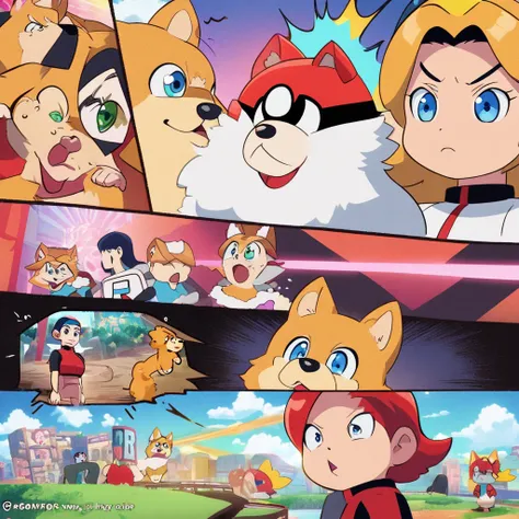 confused Shiba Inu,sniffs,poke ball,Jessie,team rocket,annoyed,intricate facial expression,struggling to understand,curious eyes,inquisitive snout,doubtful expression,playful surroundings,fun and colorful environment,anime style,detailed fur texture,vibran...