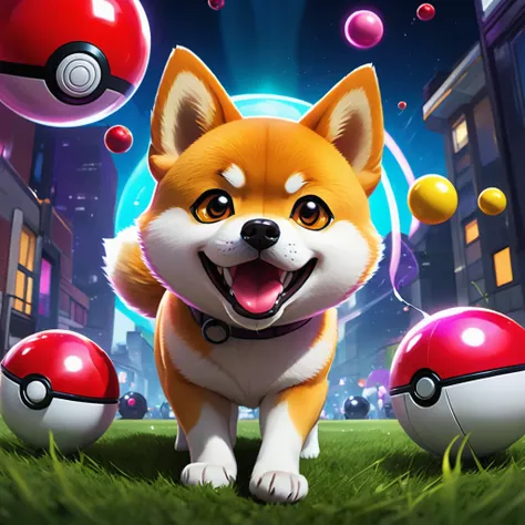 confused Shiba Inu,sniffs,poke ball,Jessie,team rocket,annoyed,intricate facial expression,struggling to understand,curious eyes,inquisitive snout,doubtful expression,playful surroundings,fun and colorful environment,anime style,detailed fur texture,vibran...