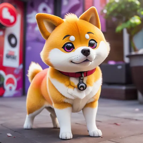 confused Shiba Inu,sniffs,poke ball,Jessie,team rocket,annoyed,intricate facial expression,struggling to understand,curious eyes,inquisitive snout,doubtful expression,playful surroundings,fun and colorful environment,anime style,detailed fur texture,vibran...