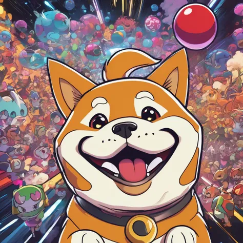 confused Shiba Inu,sniffs,poke ball,Jessie,team rocket,annoyed,intricate facial expression,struggling to understand,curious eyes,inquisitive snout,doubtful expression,playful surroundings,fun and colorful environment,anime style,detailed fur texture,vibran...