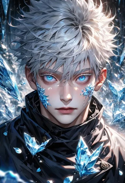 absurdres, highres, ultra detailed, HDR, master piece, best quality, extremely detailed face and eyes, perfect face, realistic face, beautiful eyes, Gojo Satoru, white hair with bangs, hair between the eyes, expressive blue eyes, white eyelashes, Jujutsu K...