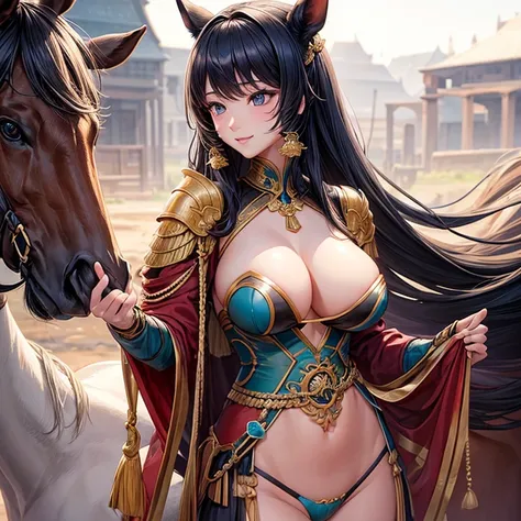 horse,female,sexy figure,มีหัวเป็นhorseสีขาว,Put on an adventurer&#39;s outfit,holding a compass and map,in the desert city,Fantasy,Masterpiece,Highly detailed