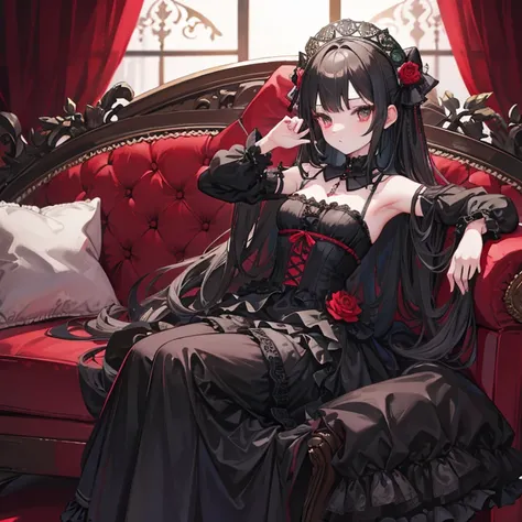 Baroque, gothic lolita, cute, 1girl, solo, full body, black sofa, black dress, absurdres, white lace, highres, ultra detailed, highest detailed, red lips