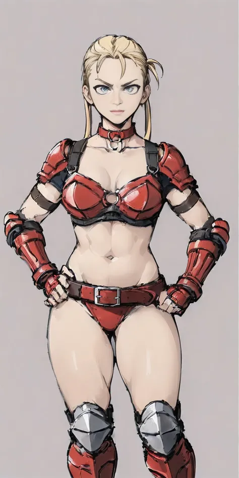 ((Plain background 1:2)) (Cammy White Street Fighter 6) Female full body standing straight symmetrical looking to the viewer RED full body armored (handcuffs, shackles, rerebrace, faulds, poleyn, gauntlets, leather collar choker) big belt under belly butto...