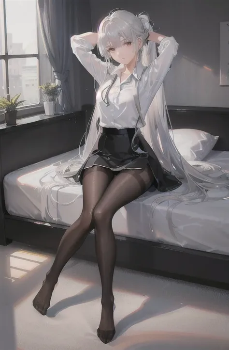 (((1 girl)),ray tracing,(dim lighting),[detailed background (bedroom)),((silver hair)),((silver hair)),(Fluffy silver hair, plump and slender girl))) with high ponytail))) Avoid golden eyes in the ominous bedroom ((((Girl wears a white shirt, black wrinkle...