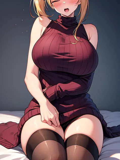 (highest quality, High resolution, perfect pixel, Depth of bounds written, 4K), bed, (cowboy shot), detailed eyes, (1 lady), tall, (skinny body:1.2), large breasts, (side boob), blond hair, (side ponytail:1.2), (burgundy virgin killer sweater dress:1.2), (...