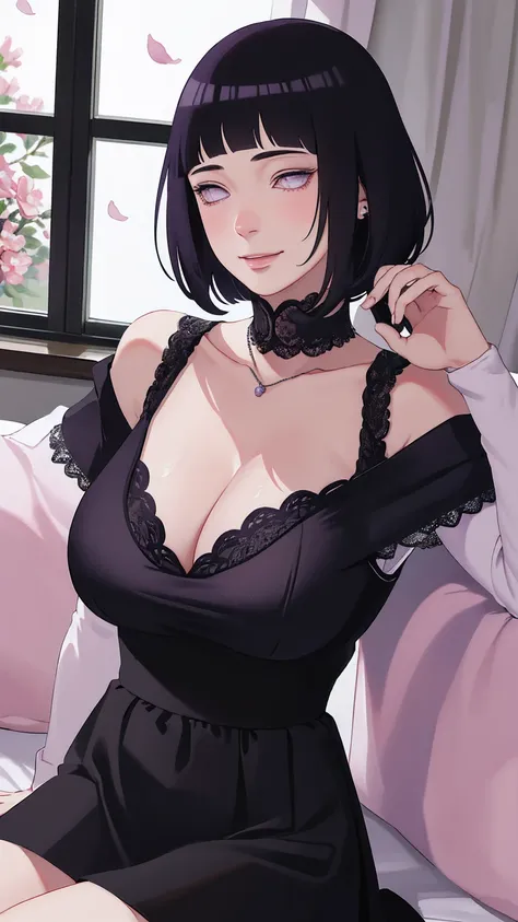 { - anatomy error} (Masterpiece - Ultra-detailed, very high resolution) (huge titusty, masterpiece, absurdres, hinata(boruto), 1girl, solo,mature female, off-shoulder bra, high waist black short skirt, looking at viewelling petals), perfect composition, de...