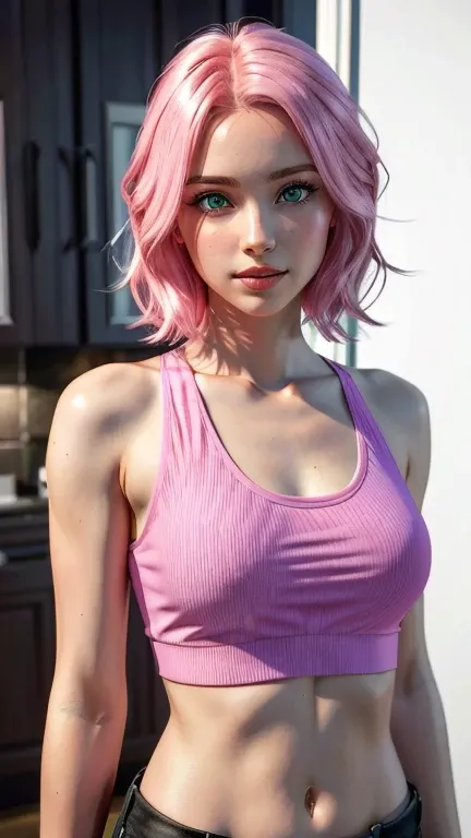 young woman, short shoulder-length pink hair, wide forehead, porcelain skin, pink eyebrows, big emerald green eyes, buttoned nose, full lips, heart-shaped face, slender body, small breasts, red tank top, Sakura Haruno , realistic, realism, details, 3d, wel...