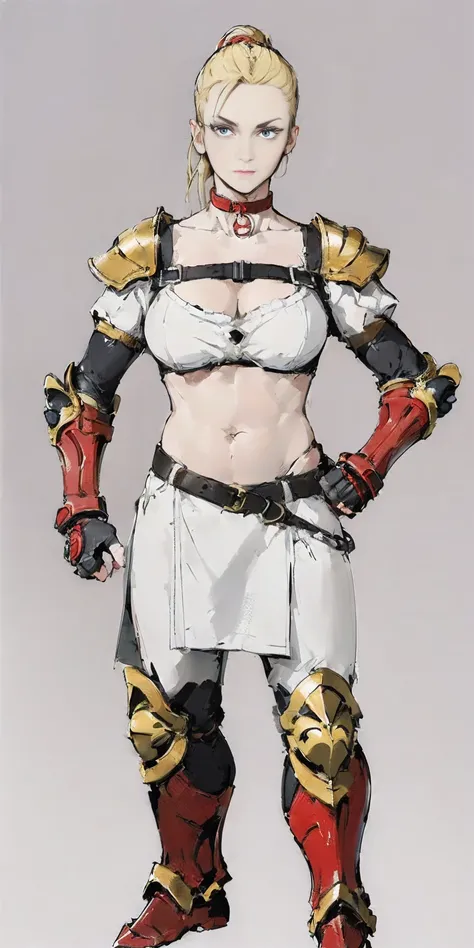 ((Plain background 1:2)) (Cammy White Street Fighter 6) Female full body standing straight symmetrical looking to the viewer RED full body armored (handcuffs, shackles, rerebrace, faulds, poleyn, gauntlets, leather collar choker) big belt under belly butto...