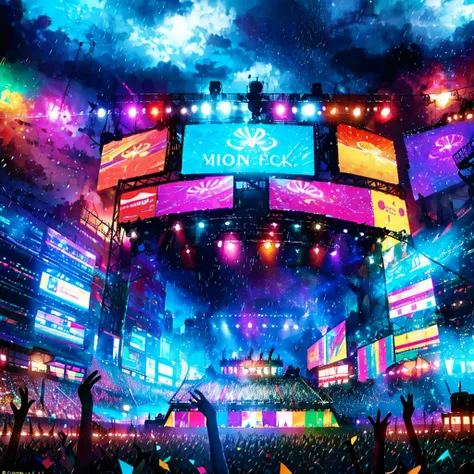 A music festival in full swing, with a vibrant array of colorful lasers crisscrossing the night sky (1.1), confetti raindown showering the ecstatic crowd (1.2), and a massive dancing sea of people, their bodies swaying in rhythm with the pulsating beats (1...