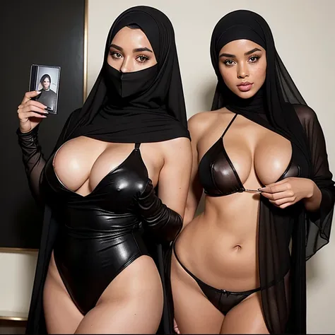 She wore nothing but a sheer black hijab that artfully accentuated her curves, draping elegantly over her voluptuous chest and hips. In her hand, she held a small leather case that contained ten Polaroid photographs - each capturing a different alluring po...