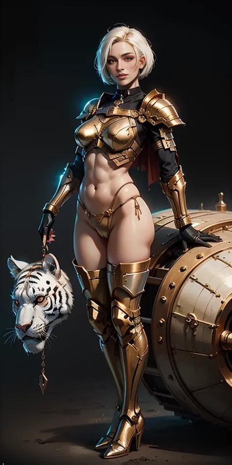 Masterpiece, (flat black background:1.2) solo, detailed face, intricate iris, thick lips, robot girl, (gold and white skin), realistic illustration of a (cyborg girl), (RED eyes), IvoryGoldAI, (freckles),(holding BREATHTAKING:1.2), (gold and white armor:1....