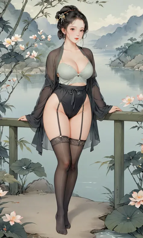 8k, masterpiece, best quality, two-dimensional, (Chinese traditional ink painting:0.2) 1girl, (perfect hands:1.4), (seethrough black pantyhose:1.4)，Wearing seethrough thin hanfu miniskirt，The black pantyhose on the legs are exposed，huge breasts, (huge ass,...