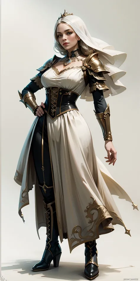 full body of a woman in a dress with a veil, feet together, standing feet together, militar boots, beautiful fantasy maiden slave warrior, beautiful fantasy art portrait, fantasy victorian art, medieval fantasy art, beautiful and elegant queen Roxxane, por...